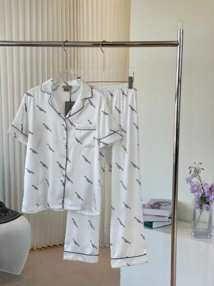 Balenciaga Print Pajama Set - White Satin with Contrast Piping - Luxury Loungewear